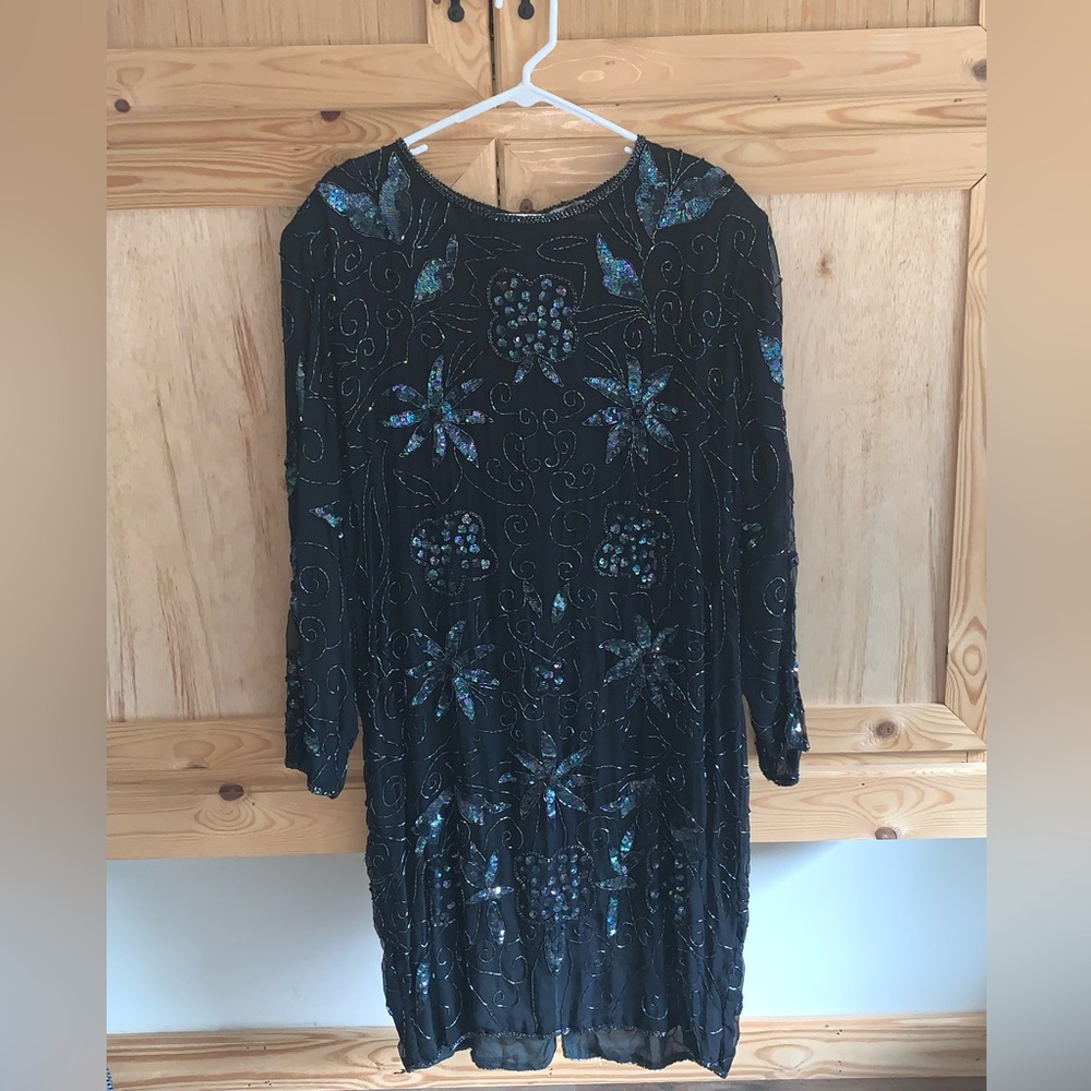Carina VINTAGE 80’s black pure silk beaded sequins dress size 1X